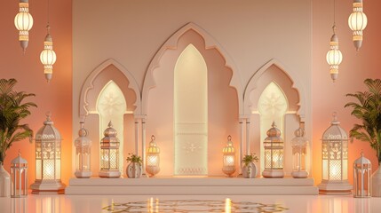 An ornate room styled with Islamic architectural influences and decorative lanterns