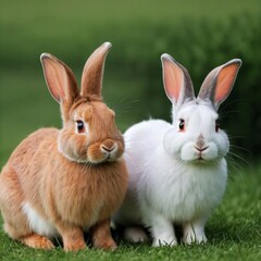 Obraz premium two adorable rabbits sitting side-by-side in a grassy field.