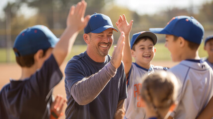Youth Baseball Coach High-Fiving Young Player During Practice with Team Cheering