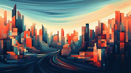 Obraz premium A beautiful cityscape painting in a vibrant color palette. The painting has a futuristic feel to it, with tall buildings and a busy highway.