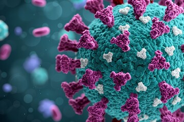 Close-up of the virus showing its core structure with purple and blue surfaces, surrounded by a green background. 