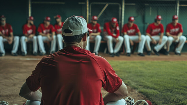 Baseball Coach Motivating Team in Dugout - Leadership, Sports Team Strategy, and Game Preparation - Powered by Adobe