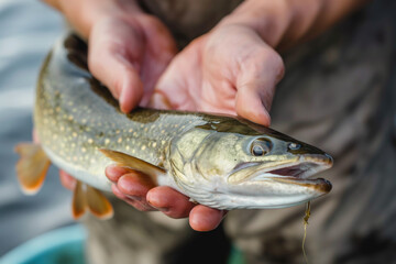 Obraz premium Angler holding freshly caught Northern Pike fish on a riverbank, engaging in fishing.Perfect for visual content related to fishing adventures, eco-friendly living,the excitement of catching wild fish.