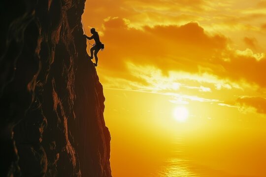 Silhouette of a Climber Scaling a Vertical Rock Face Against a Golden Sunset Background