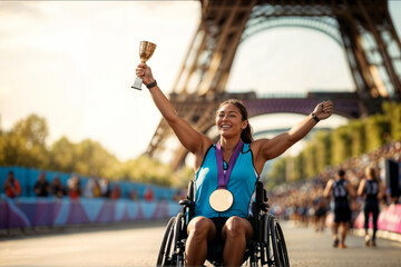 Concept of oriental disabled woman in wheelchair with gold medal and trophy at the Eiffel tower, athlete celebrating victory at championship.