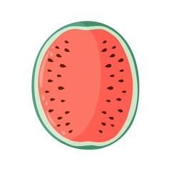 Watermelon half slice with vibrant green rind and red flesh with black seeds. Flat vector illustration. Summer fruit drawing for food graphics, menu, icon, logo, postcard, invitation.