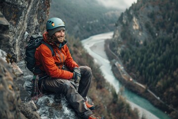 Adventurous Climber Enjoying Scenic River Valley View from a Rocky Ledge in Nature