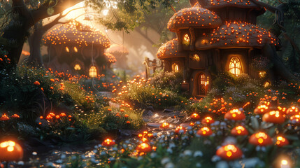 A picturesque scene of whimsical mushroom houses nestled amongst lush greenery and a winding stream in a sun-drenched forest.