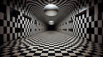 Naklejka premium Black and white checkered tunnel with a shiny sphere in the distance. The tunnel is lit by a bright light at the end of the tunnel.