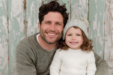 Fototapeta premium A photo of a handsome man with dark hair and a beard, wearing a grey sweater sitting next to his smiling daughter in a white knitted dress and hat on her head