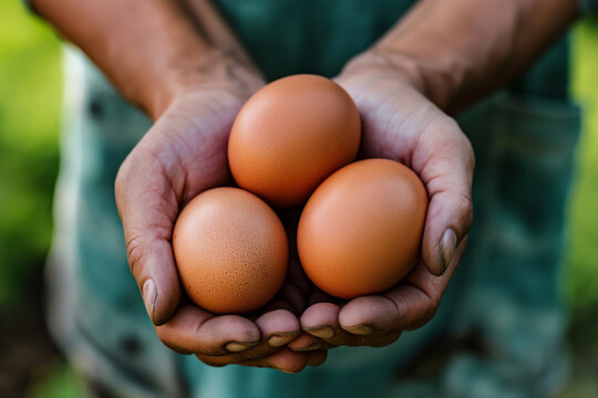 A closeup shot of hands delicately cradling three freshly harvested brown eggs from an organic farm
