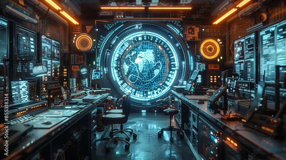 Poster a futuristic control room with multiple computer screens and a large, central display featuring a gl