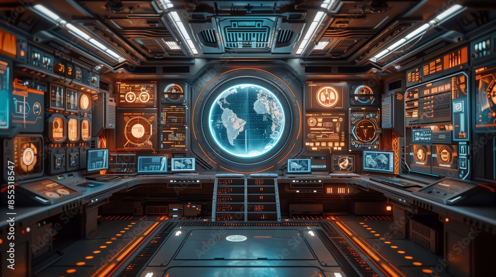 Poster a futuristic control room with a large circular display showing the earth. the room features numerou