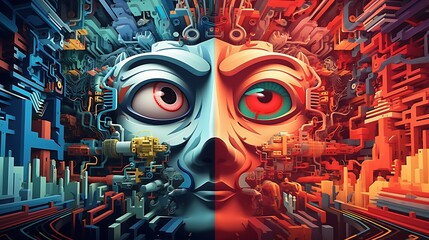 A digital painting of a human face split in two colors, with blue and orange tones.