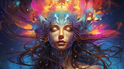 The image is a depiction of a beautiful woman with long, flowing hair with a colorful and intricate headdress.