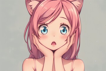 A cute cat girl with pink hair and blue eyes, her hands on her face in shock, in the style of anime