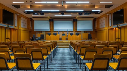 An empty auditorium with rows of yellow chairs facing a stage with three podiums. The stage is empty, and the room is lit with overhead lights.