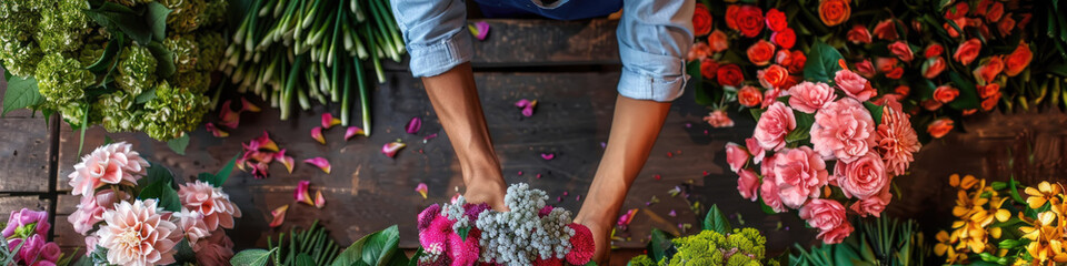 Obraz premium A florist arranges a bouquet of pink, white, and purple flowers on a wooden table, surrounded by other colorful blooms