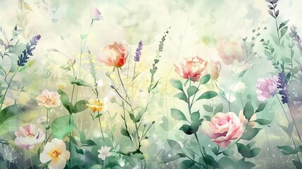 A digital painting of a summer garden with roses and lavender