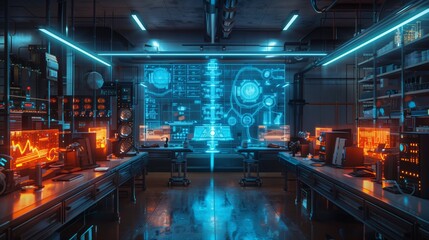 Modern tech lab with computers, interactive screen, and technical gear. Displays complex data and visuals, emphasizing advanced technology and research.