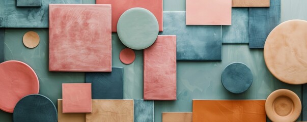 Colorful geometric shapes in a moodboard arrangement of squares and circles
