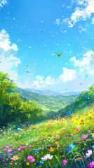 Obraz premium A digital painting of a lush, green meadow filled with colorful wildflowers, butterflies, and a bright blue sky