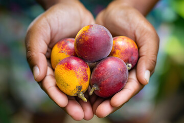 Colorful tropical fruits in hands promote a healthy diet rich in nutrients and vitamins
