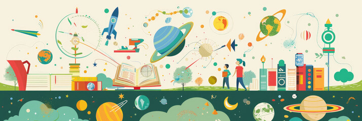 A vibrant illustration of children exploring the universe and learning about science. The image features a variety of objects, including planets, stars, books, rockets, and scientific instruments