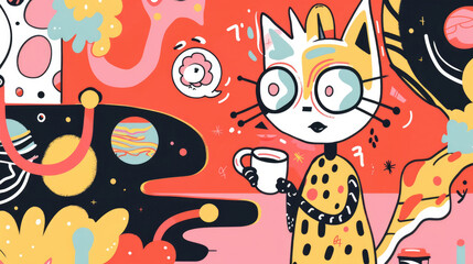 A cartoon cat with large eyes and a spotted dress holds a white cup of coffee. The background is abstract and features bright colors, circles, and lines