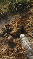 Fototapeta premium Close-Up of Pitcher's Rosin Bag, Water Bottle, and Baseball on Muddy Ground for Sports Enthusiasts