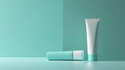   A pair of identical tubes of toothpaste on a blue and green backdrop