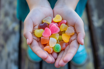 A child's hands are holding colorful heart-shaped candies outdoors, filled with joy and love. Ideal for promoting festive occasions, sweet treats, and moments of happiness