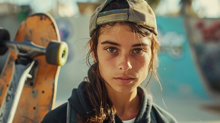Portrait of a Determined Female Skateboarder Holding Her Board at a Skatepark