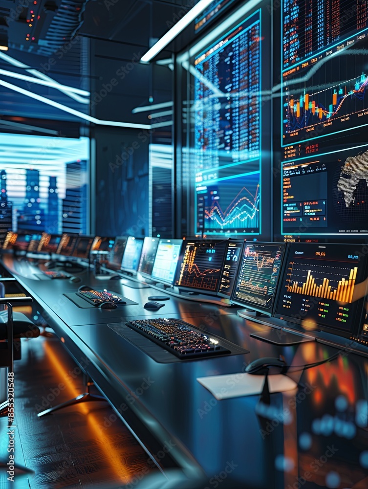 Fototapete a modern financial analyst office with multiple screens displaying ai tools for market analysis and 