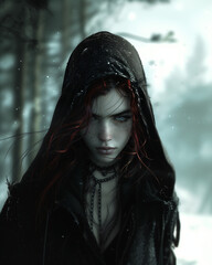dramatic portrait of a young woman with red hair wearing a dark hooded cloak, bust