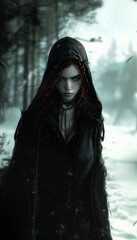 dramatic portrait of a young woman with red hair wearing a dark hooded cloak, body