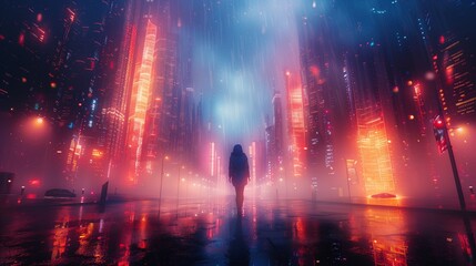 A lone figure walks down a wet city street, surrounded by towering buildings illuminated by bright neon signs.