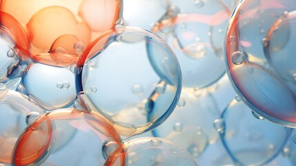 3D rendering of a close-up of a group of transparent and colored bubbles. The bubbles are of different sizes and are arranged in a random order.