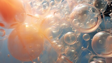 3D rendering of a cluster of transparent and orange spheres of different sizes. The spheres are connected to each other by thin, web-like strands.