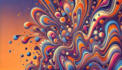 Abstract fluid art background featuring a vibrant mix of orange, purple, and blue colors, with dynamic splashes of paint forming an intricate and captivating pattern