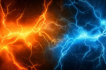 Fototapeta premium lightning in the night sky, A dynamic background featuring a striking contrast of hot orange and cold blue electrical lightning bolts, creating a visually captivating and energetic scene