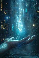 Holographic Technology in a Futuristic Gloved Hand. A gloved hand interacts with holographic technology, showcasing futuristic and advanced digital interface innovations.