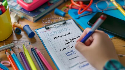 A childs hand writes a to-do list on a clipboard, surrounded by pencils, a cell phone, and other school supplies