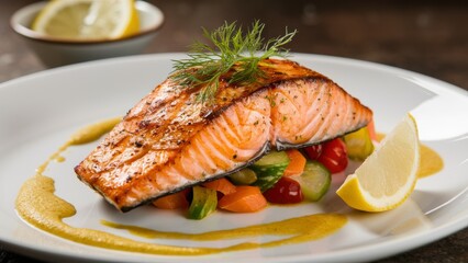 Salmon fillet is ideally grilled, has a golden brown crust and a soft flaky texture. It is served on a plate with brightly colored vegetables and sprinkled with a spicy lemon sauce.