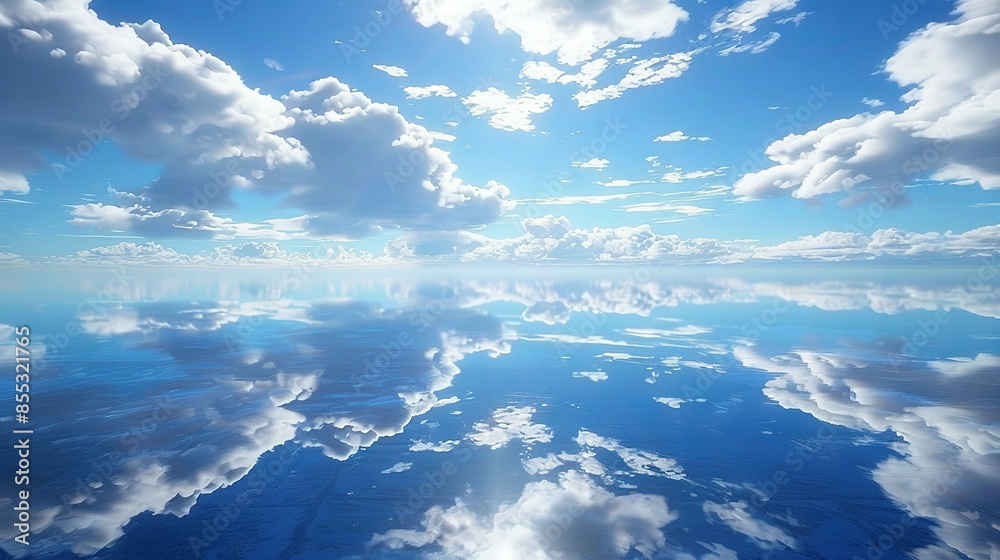 Poster   An expansive expanse of water with scattered clouds overhead and a radiant sun directly overhead