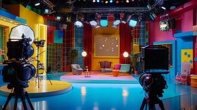 A television studio set with brightly colored furniture and lighting. Two professional cameras are set up to film the scene.