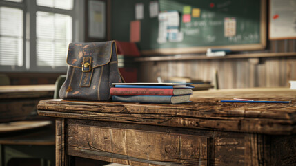 Obraz premium A vintage leather school bag sits on a wooden desk in a classroom. A stack of books sits beside it