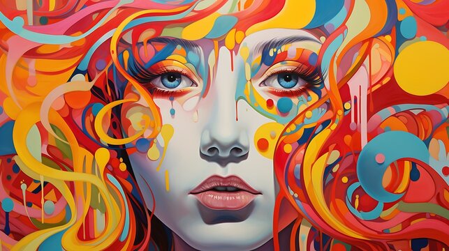 This is a painting of a woman's face. She has bright blue eyes, full lips, and long, flowing hair.