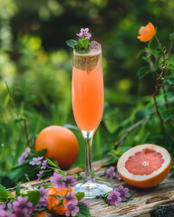 An elegant cocktail with grapefruit and violet hibiscus sits