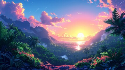 A vibrant sunset casts a warm glow over a lush tropical valley, creating a picturesque scene of natures beauty.